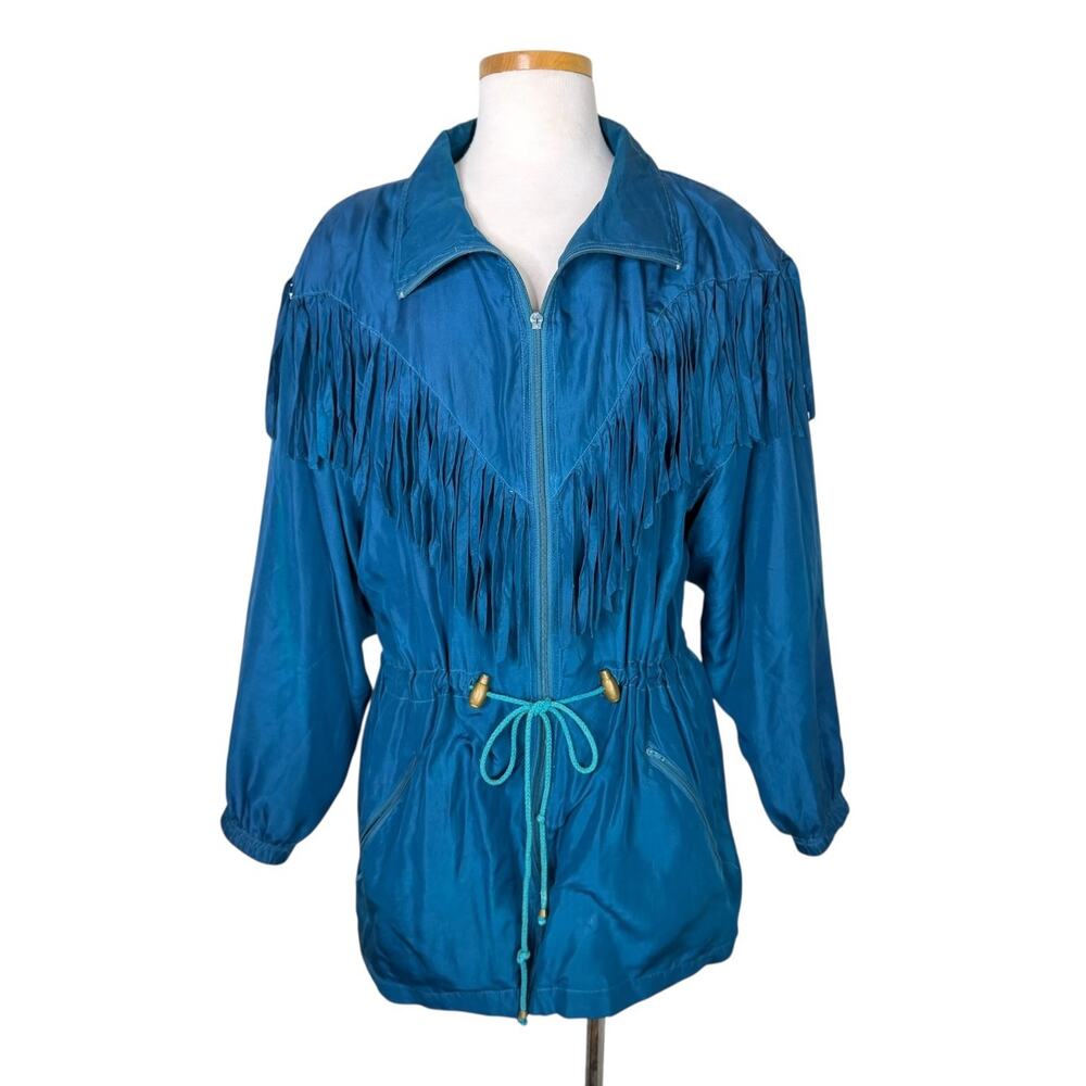Vintage 80s Silk Fringe Jacket Teal Western Boho Rodeo FLAW Womens Medium